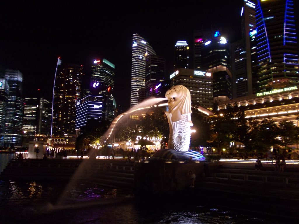 The Merlion Statue in Singapore, at night