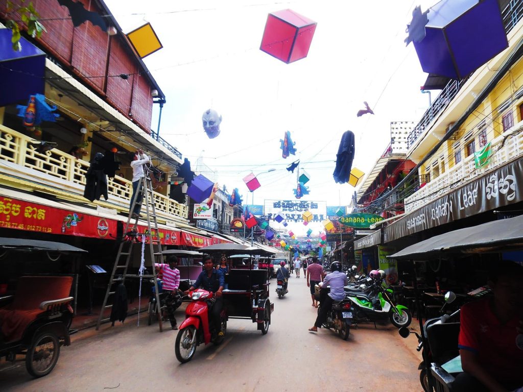 Pub Street in Siem Reap during the day at Halloween 